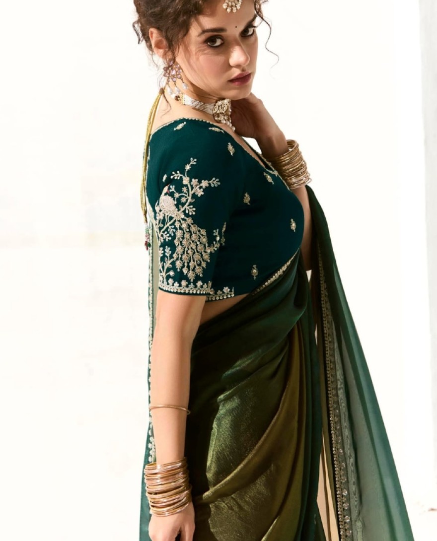 2223 - ATTRACTIVE TEAL GREEN BORDER WORK TISSUE SILK FESTIVE WEAR SAREE